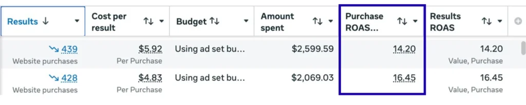 Meta Ads Manager purchases table — ROAS 14.20x and 16.45x
